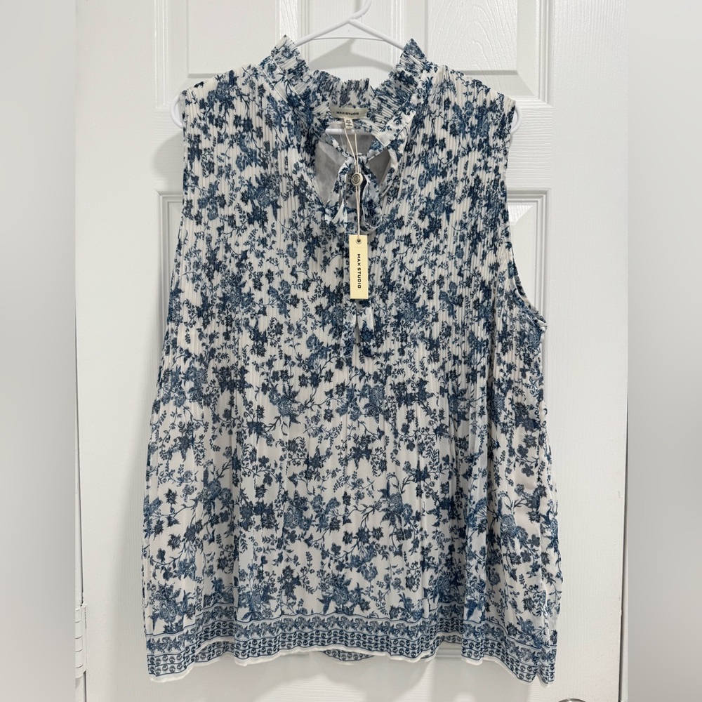Max Studio Blue and White Smocked Blouse